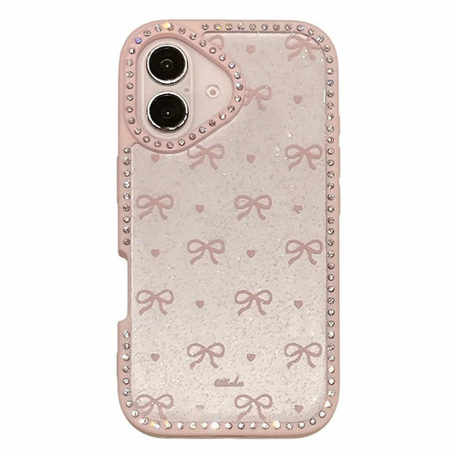 For iPhone 16 Case Epoxy Design TPU + PC Phone Cover with Bowknot Pattern, Rhinestone Decor - Pink - 1