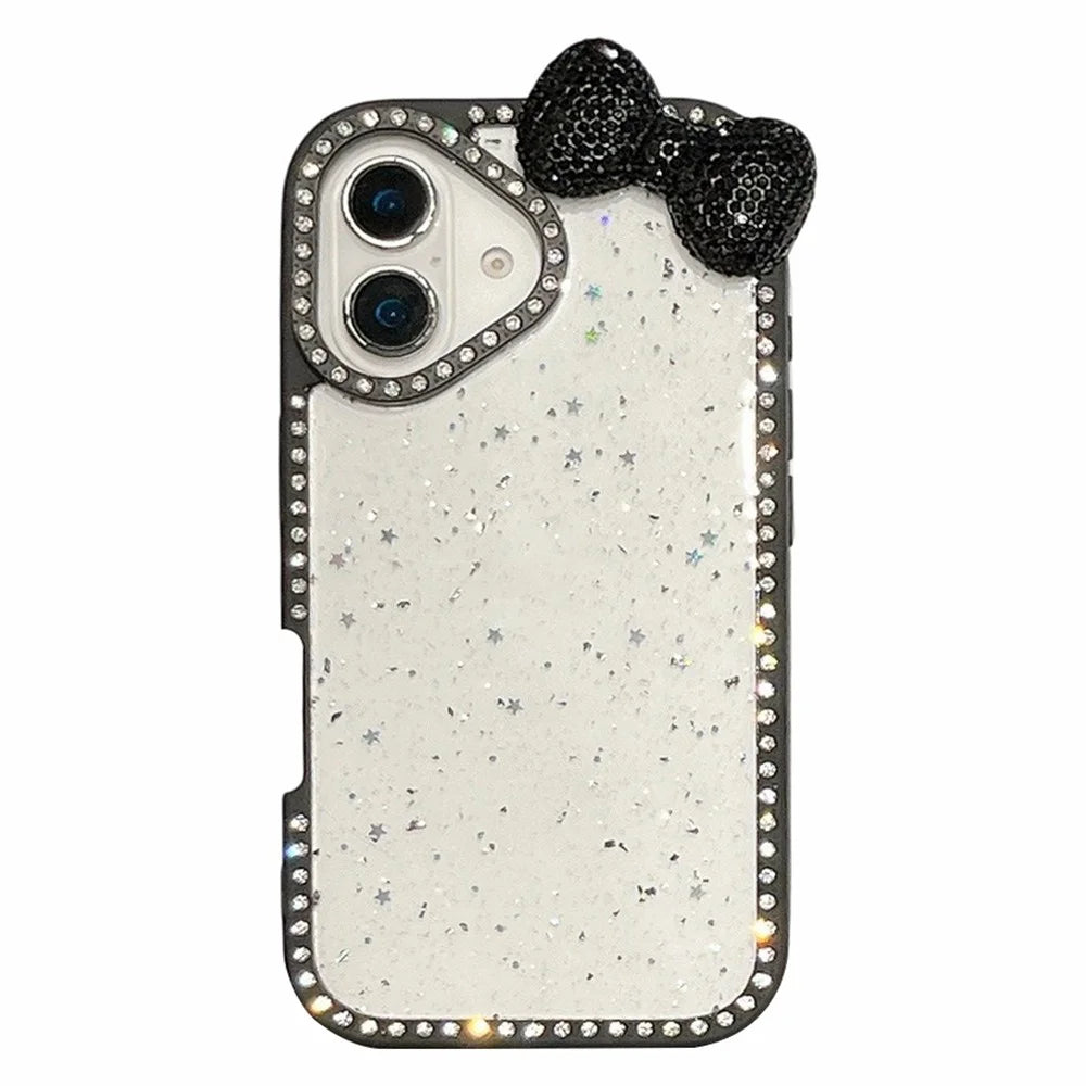 For iPhone 16 Case Star Epoxy Design TPU + PC Phone Cover with Rhinestones / Bow Tie Decor - Black - 1