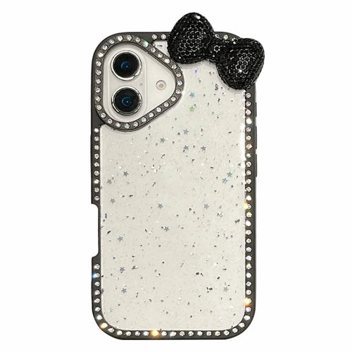 For iPhone 16 Case Star Epoxy Design TPU + PC Phone Cover with Rhinestones / Bow Tie Decor - Black - 1