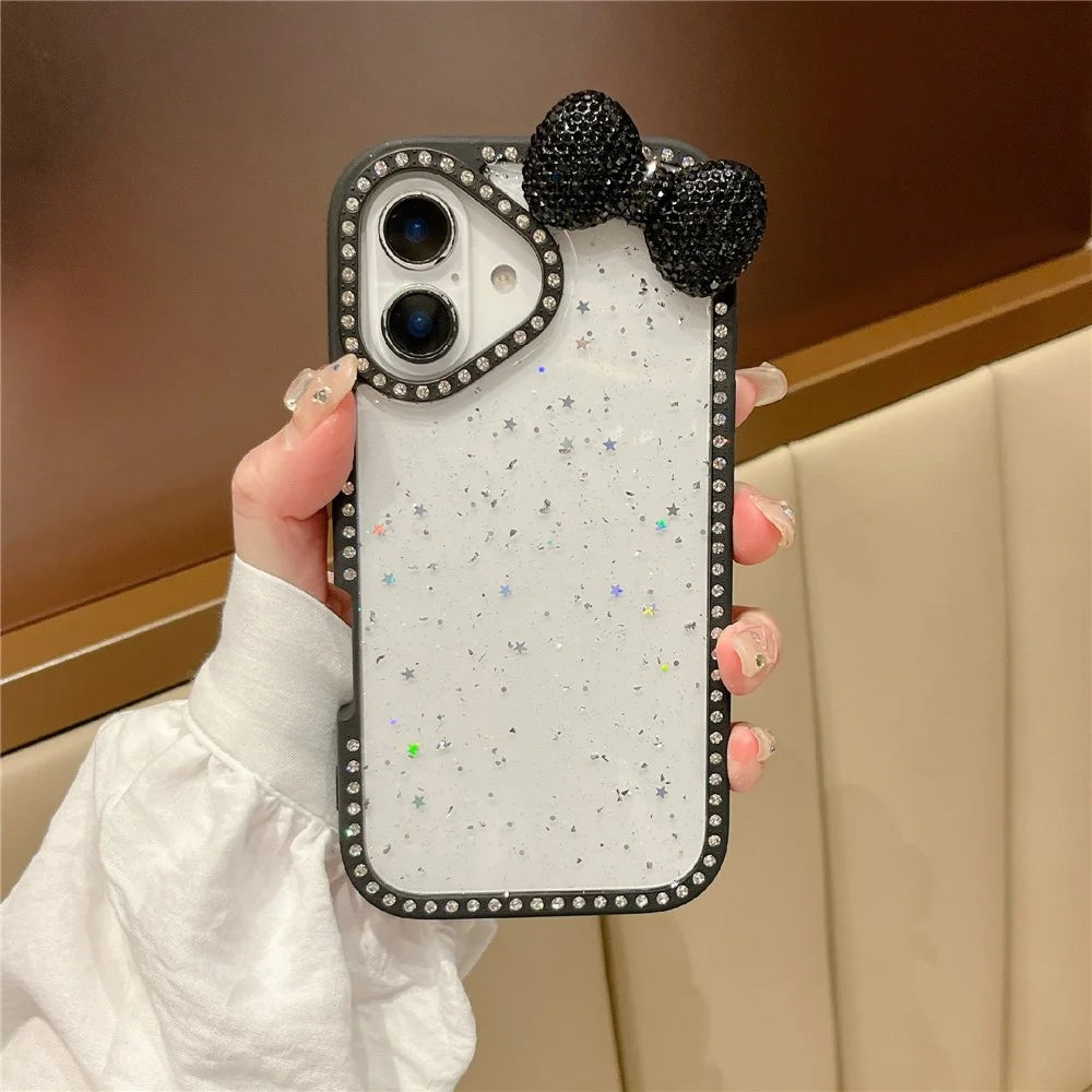 For iPhone 16 Case Star Epoxy Design TPU + PC Phone Cover with Rhinestones / Bow Tie Decor - Black - 2