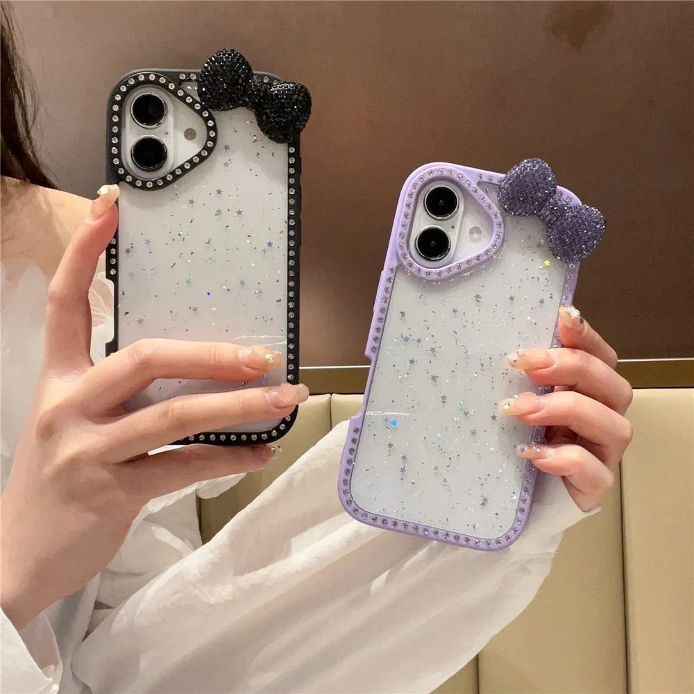 For iPhone 16 Case Star Epoxy Design TPU + PC Phone Cover with Rhinestones / Bow Tie Decor - Black - 3