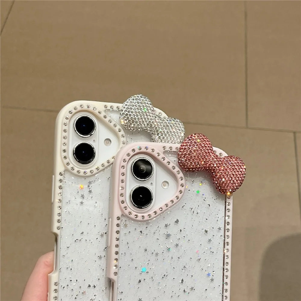 For iPhone 16 Case Star Epoxy Design TPU + PC Phone Cover with Rhinestones / Bow Tie Decor - Black - 5
