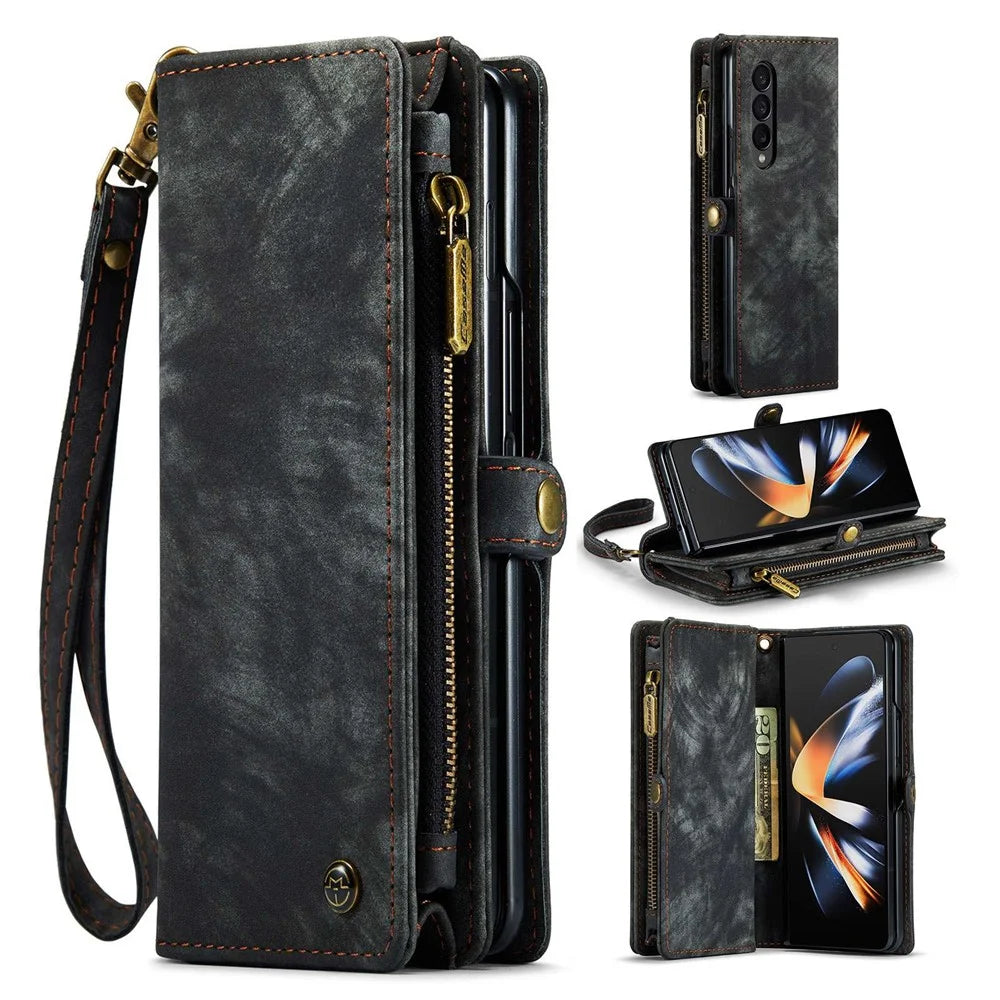 CASEME 008 Series for Samsung Galaxy Z Fold4 5G Detachable Magnetic Zipper Wallet Case PU Leather Stand Flip Multi-Functional Phone Cover with Strap - Black - 1
