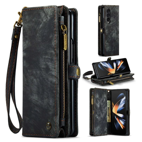 CASEME 008 Series for Samsung Galaxy Z Fold4 5G Detachable Magnetic Zipper Wallet Case PU Leather Stand Flip Multi-Functional Phone Cover with Strap - Black - 1
