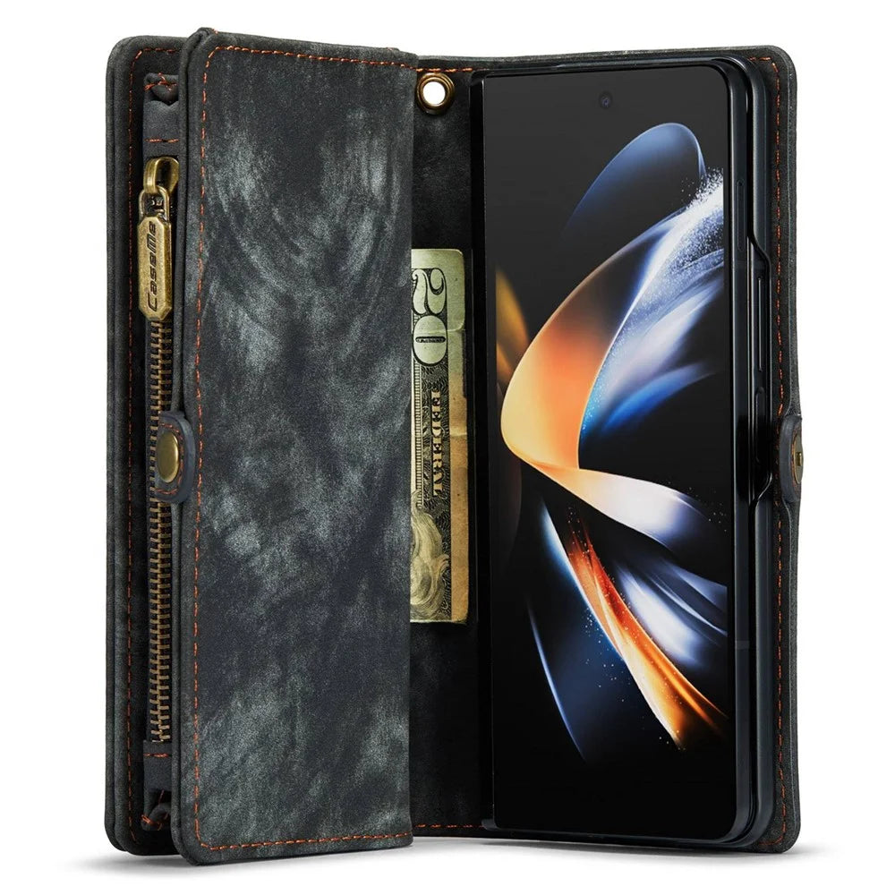 CASEME 008 Series for Samsung Galaxy Z Fold4 5G Detachable Magnetic Zipper Wallet Case PU Leather Stand Flip Multi-Functional Phone Cover with Strap - Black - 2