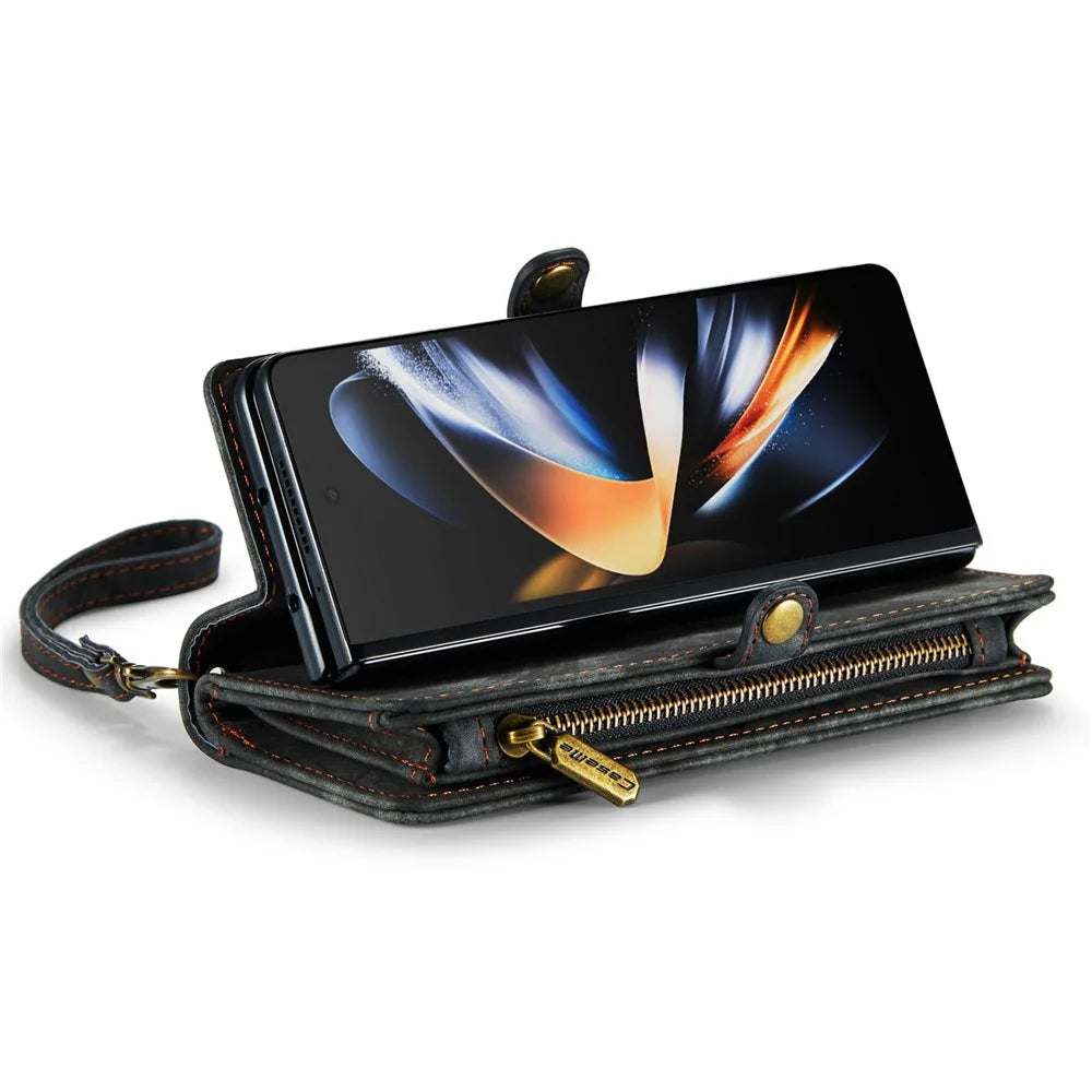 CASEME 008 Series for Samsung Galaxy Z Fold4 5G Detachable Magnetic Zipper Wallet Case PU Leather Stand Flip Multi-Functional Phone Cover with Strap - Black - 3