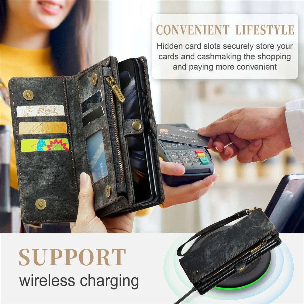 CASEME 008 Series for Samsung Galaxy Z Fold4 5G Detachable Magnetic Zipper Wallet Case PU Leather Stand Flip Multi-Functional Phone Cover with Strap - Black - 4