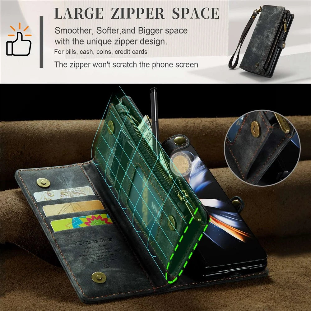 CASEME 008 Series for Samsung Galaxy Z Fold4 5G Detachable Magnetic Zipper Wallet Case PU Leather Stand Flip Multi-Functional Phone Cover with Strap - Black - 6