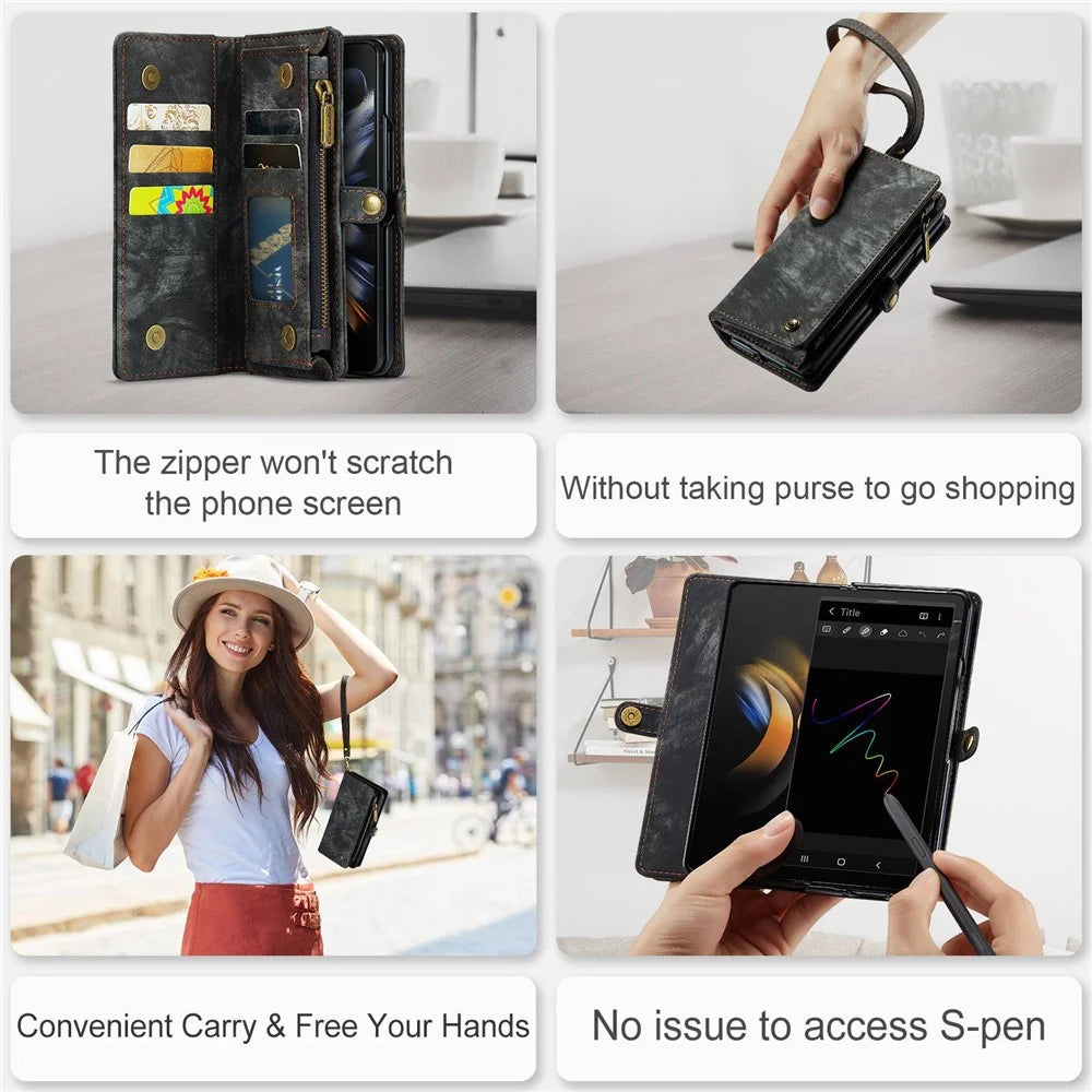 CASEME 008 Series for Samsung Galaxy Z Fold4 5G Detachable Magnetic Zipper Wallet Case PU Leather Stand Flip Multi-Functional Phone Cover with Strap - Black - 7