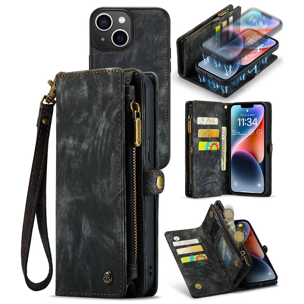 CASEME 008 Series for iPhone 14 Plus PU Leather Detachable Magnetic Handbag Phone Case Multi-Functional Zipper Pocket Wallet Stand Cover with Strap - Black - 1