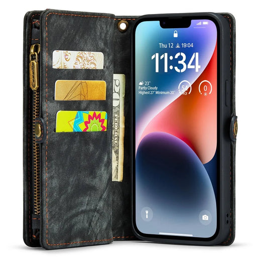 CASEME 008 Series for iPhone 14 Plus PU Leather Detachable Magnetic Handbag Phone Case Multi-Functional Zipper Pocket Wallet Stand Cover with Strap - Black - 2
