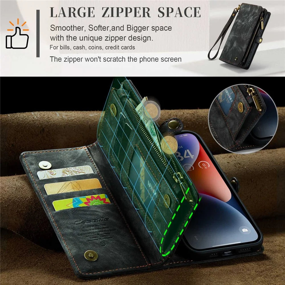 CASEME 008 Series for iPhone 14 Plus PU Leather Detachable Magnetic Handbag Phone Case Multi-Functional Zipper Pocket Wallet Stand Cover with Strap - Black - 6