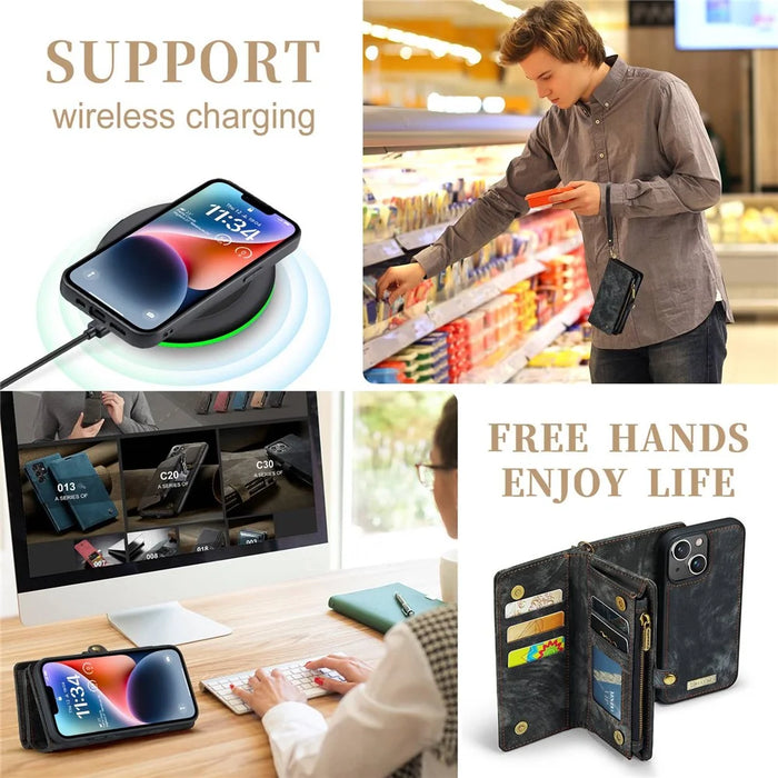 CASEME 008 Series for iPhone 14 Plus PU Leather Detachable Magnetic Handbag Phone Case Multi-Functional Zipper Pocket Wallet Stand Cover with Strap - Black - 7
