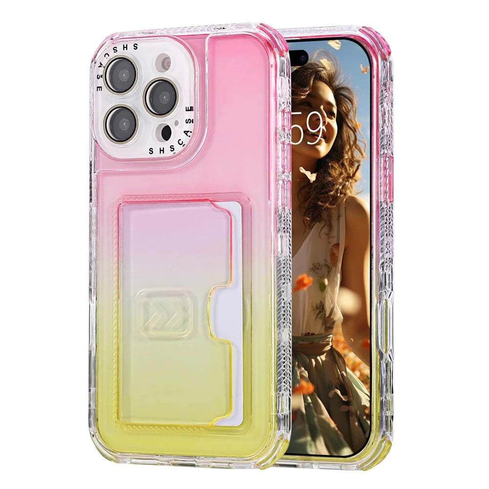 For iPhone 16 Pro Case Card Holder Gradient Color PC + TPU Anti Drop Phone Back Cover with Lens Film - Pink  /  Yellow - 1