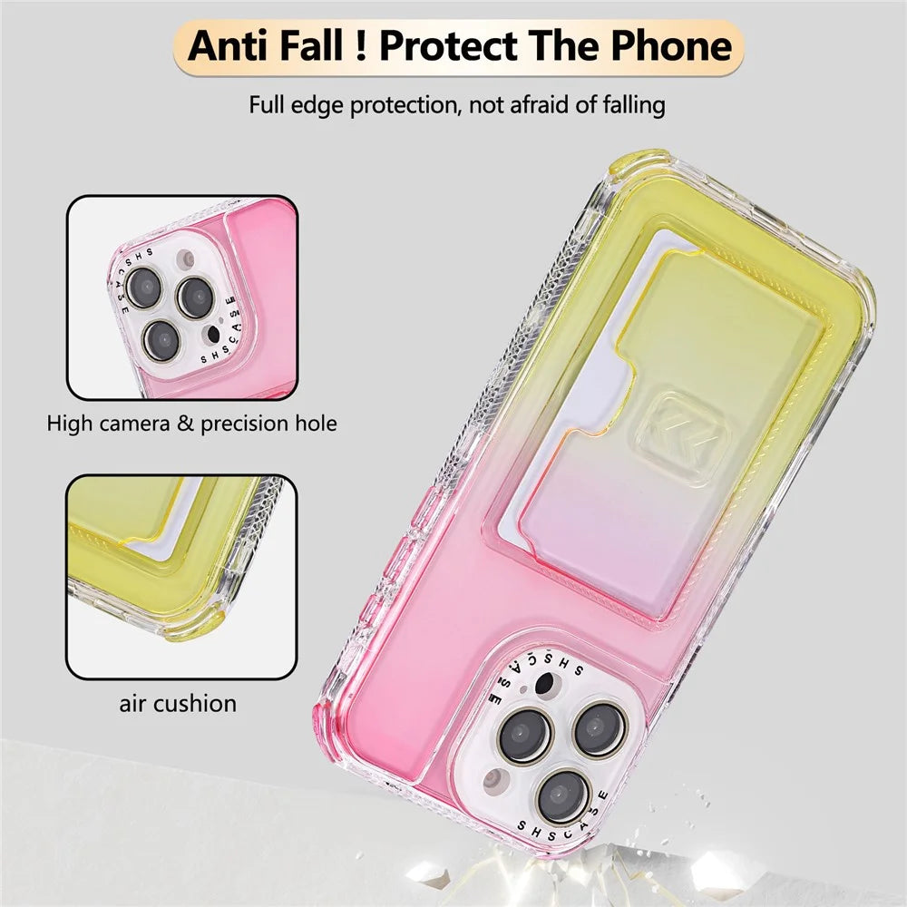 For iPhone 16 Pro Case Card Holder Gradient Color PC + TPU Anti Drop Phone Back Cover with Lens Film - Pink  /  Yellow - 2