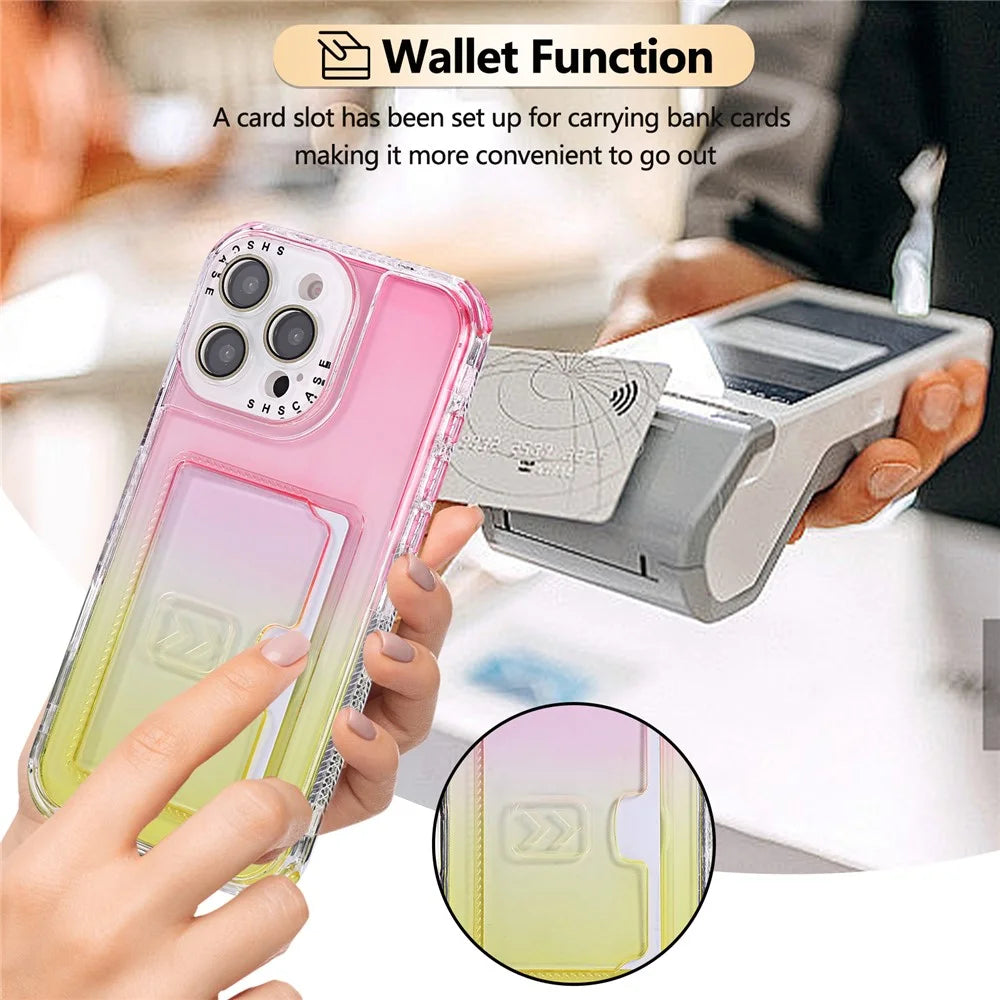 For iPhone 16 Pro Case Card Holder Gradient Color PC + TPU Anti Drop Phone Back Cover with Lens Film - Pink  /  Yellow - 3
