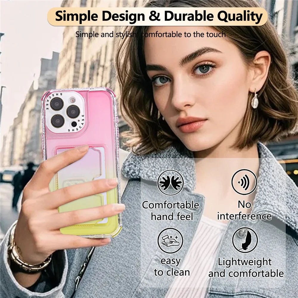 For iPhone 16 Pro Case Card Holder Gradient Color PC + TPU Anti Drop Phone Back Cover with Lens Film - Pink  /  Yellow - 4
