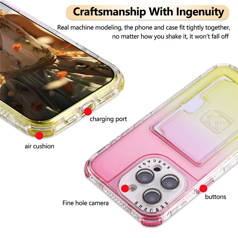 For iPhone 16 Pro Case Card Holder Gradient Color PC + TPU Anti Drop Phone Back Cover with Lens Film - Pink  /  Yellow - 5