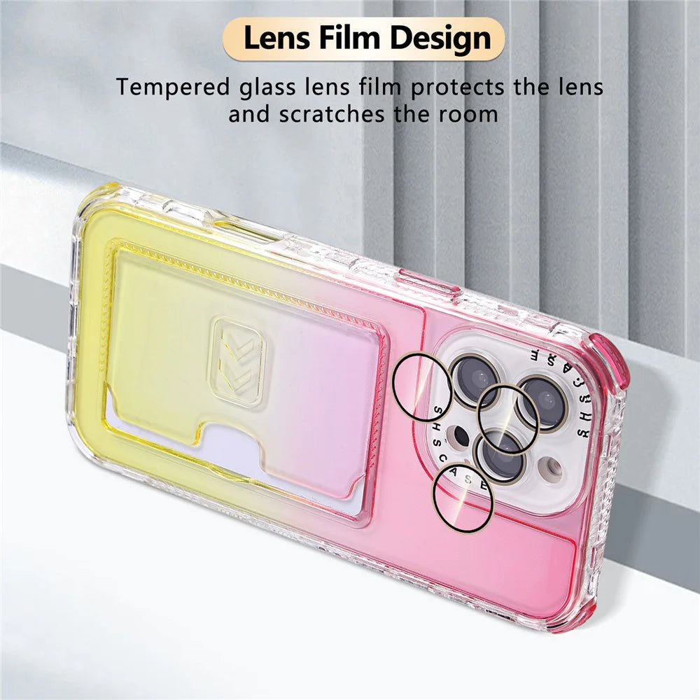 For iPhone 16 Pro Case Card Holder Gradient Color PC + TPU Anti Drop Phone Back Cover with Lens Film - Pink  /  Yellow - 6