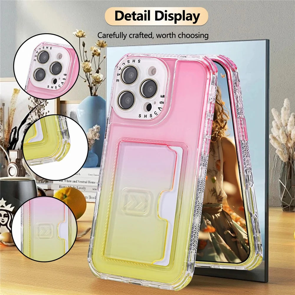 For iPhone 16 Pro Case Card Holder Gradient Color PC + TPU Anti Drop Phone Back Cover with Lens Film - Pink  /  Yellow - 7