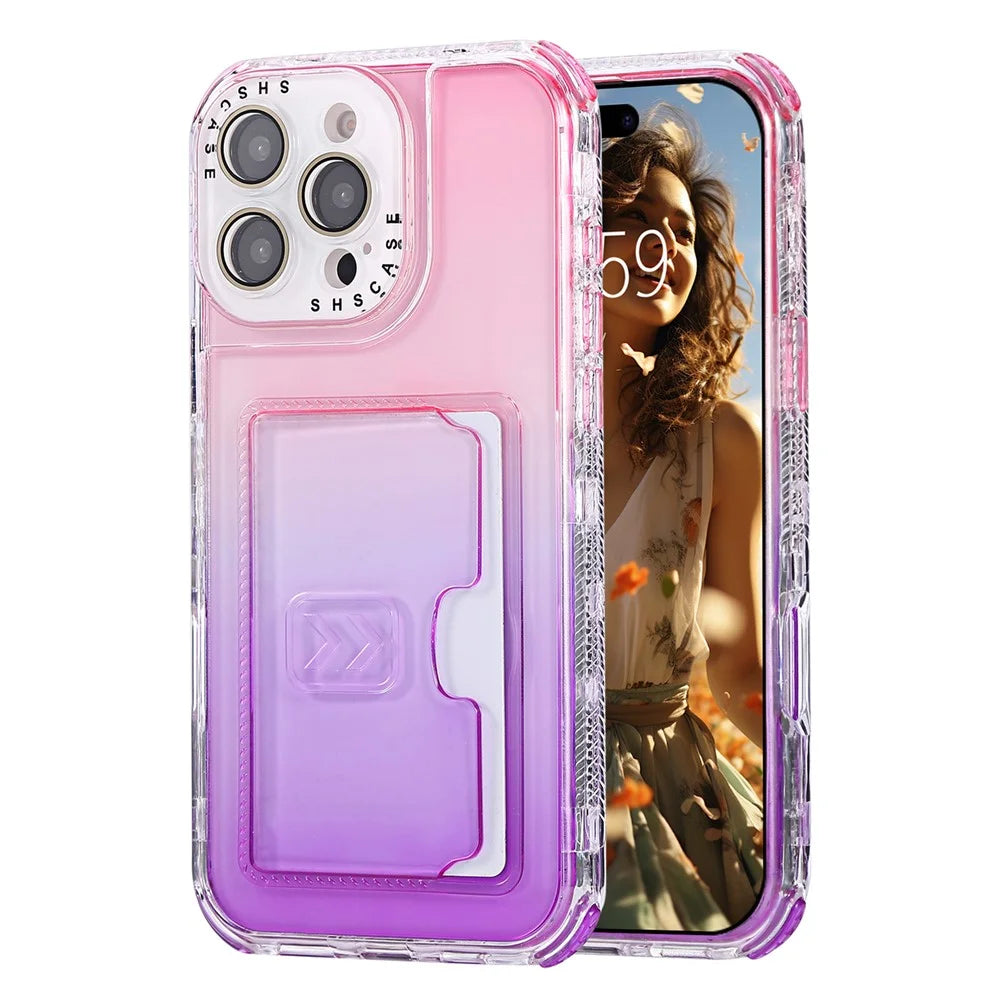 For iPhone 16 Pro Max Case Card Holder Gradient Color PC + TPU Anti Drop Phone Back Cover with Lens Film - Pink  /  Purple - 1