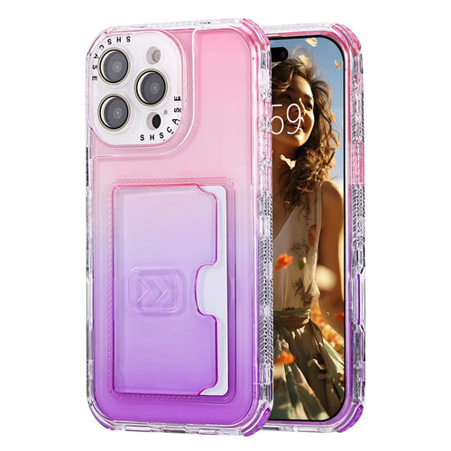 For iPhone 16 Pro Max Case Card Holder Gradient Color PC + TPU Anti Drop Phone Back Cover with Lens Film - Pink  /  Purple - 1