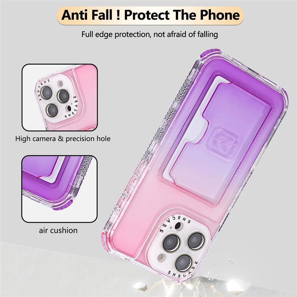 For iPhone 16 Pro Max Case Card Holder Gradient Color PC + TPU Anti Drop Phone Back Cover with Lens Film - Pink  /  Purple - 2