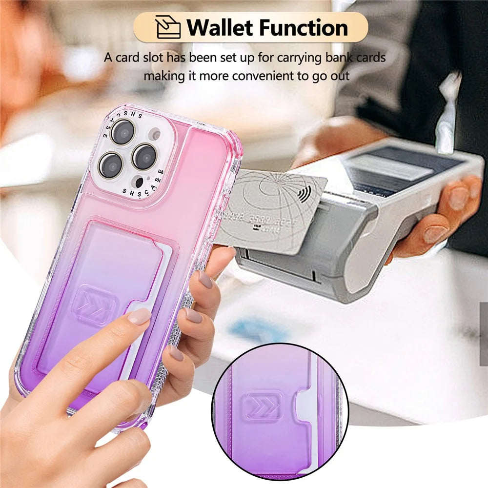 For iPhone 16 Pro Max Case Card Holder Gradient Color PC + TPU Anti Drop Phone Back Cover with Lens Film - Pink  /  Purple - 3