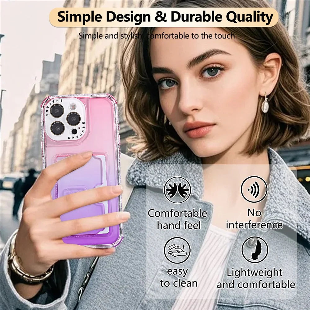 For iPhone 16 Pro Max Case Card Holder Gradient Color PC + TPU Anti Drop Phone Back Cover with Lens Film - Pink  /  Purple - 4