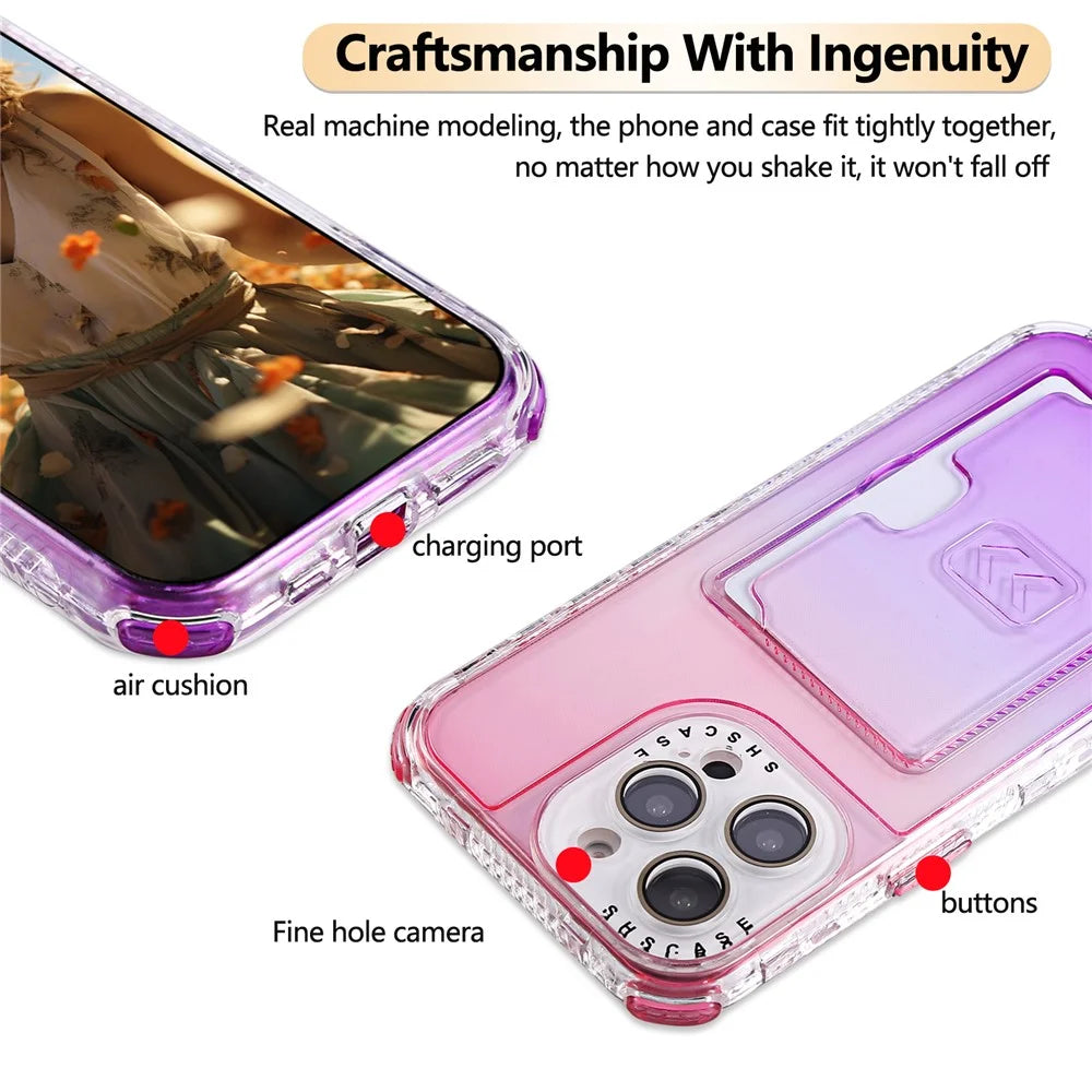 For iPhone 16 Pro Max Case Card Holder Gradient Color PC + TPU Anti Drop Phone Back Cover with Lens Film - Pink  /  Purple - 5