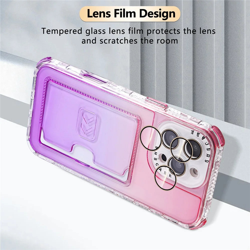 For iPhone 16 Pro Max Case Card Holder Gradient Color PC + TPU Anti Drop Phone Back Cover with Lens Film - Pink  /  Purple - 6