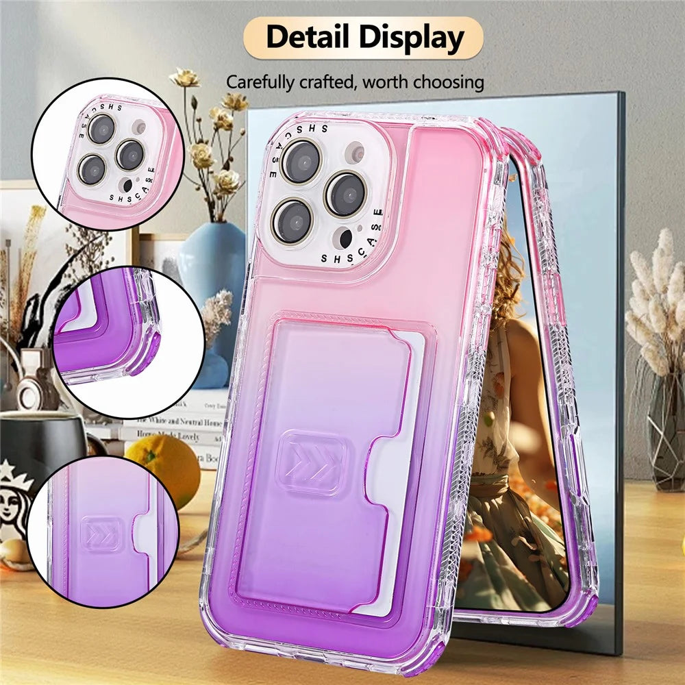 For iPhone 16 Pro Max Case Card Holder Gradient Color PC + TPU Anti Drop Phone Back Cover with Lens Film - Pink  /  Purple - 7
