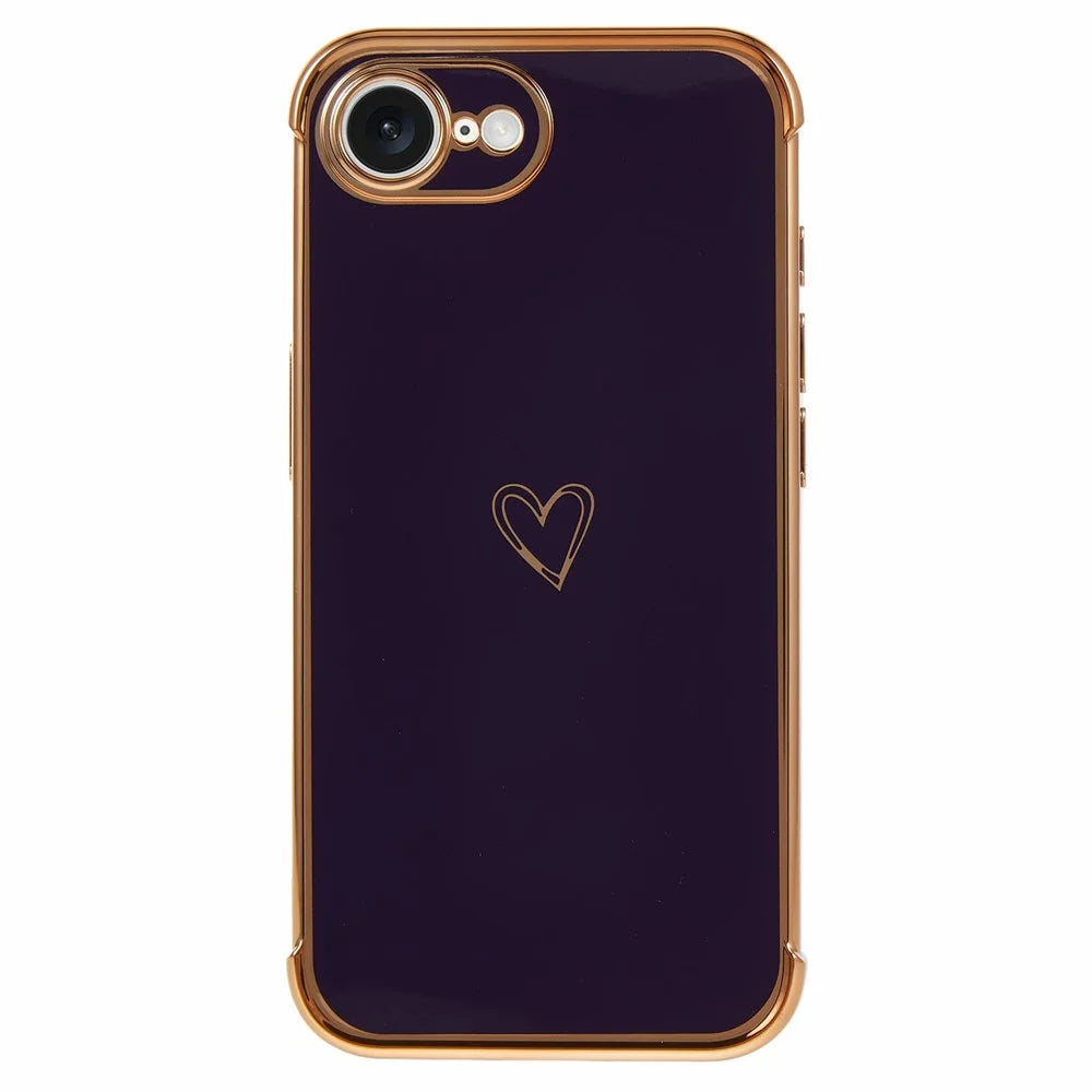 For iPhone 17e / 16e Case Love Heart Pattern TPU Phone Cover Electroplating Edge - Dark Purple - 1