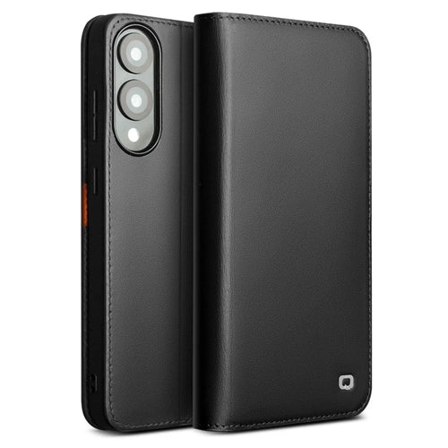 QIALINO For Samsung Galaxy S25 Edge Wallet Case Stand Genuine Cow Leather Flip Phone Cover - Black - 1