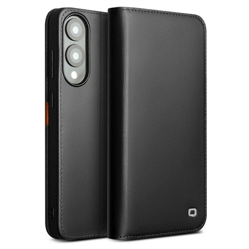 QIALINO For Samsung Galaxy S25 Edge Wallet Case Stand Genuine Cow Leather Flip Phone Cover - Black - 1