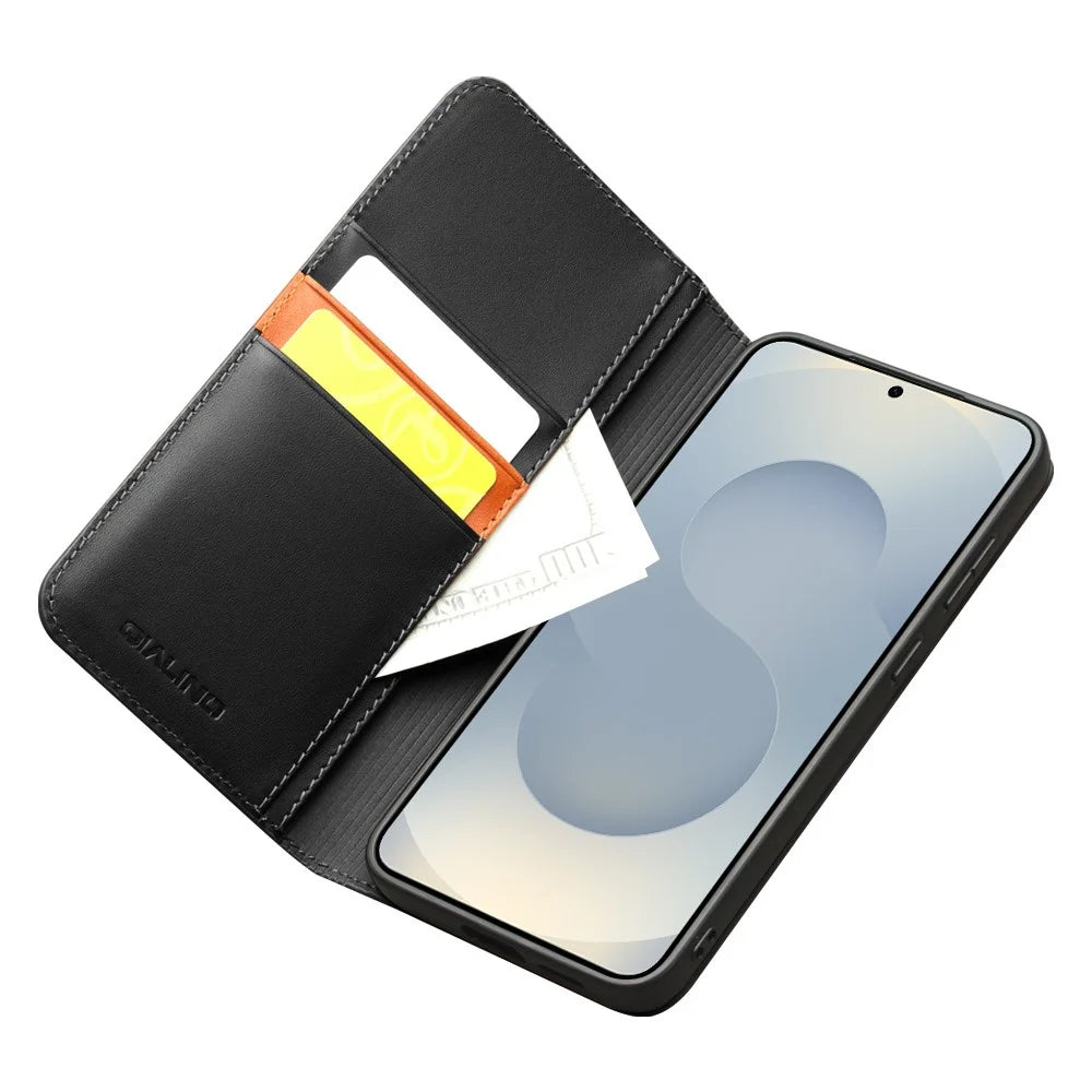 QIALINO For Samsung Galaxy S25 Edge Wallet Case Stand Genuine Cow Leather Flip Phone Cover - Black - 3