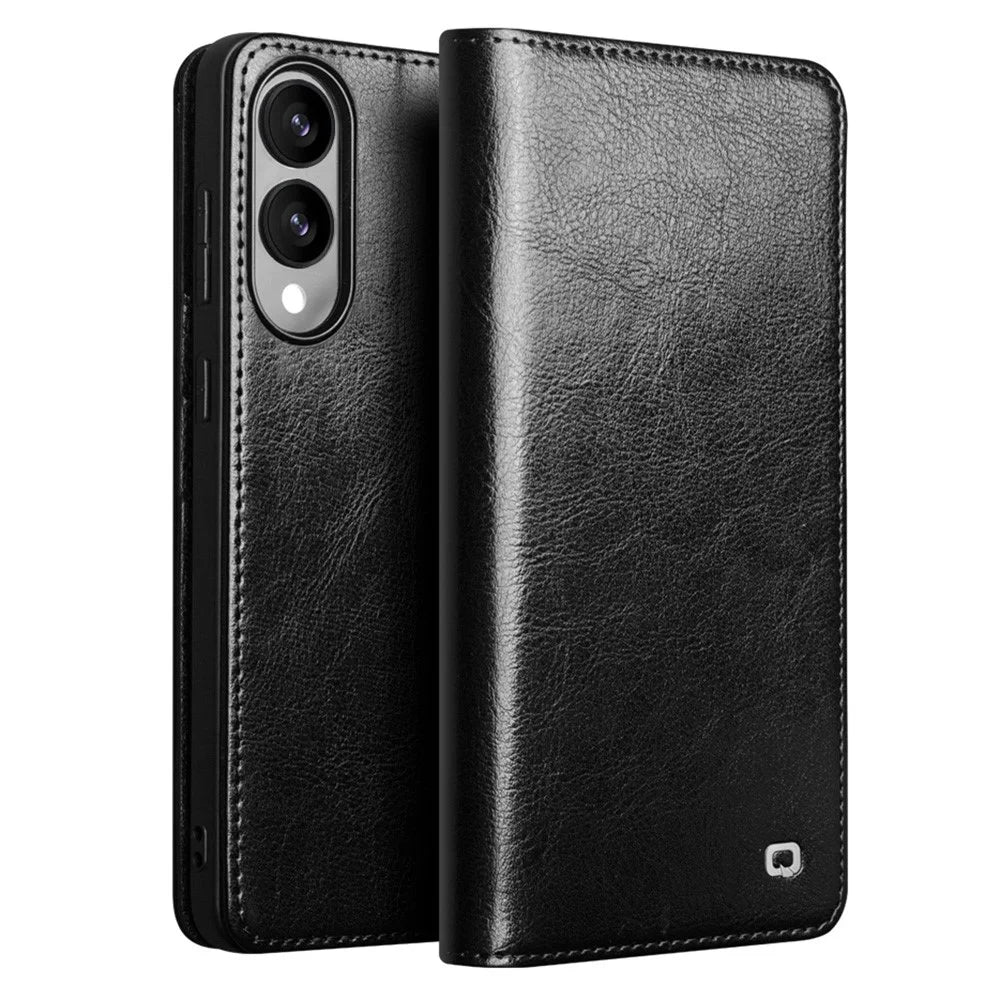 QIALINO For Samsung Galaxy S25 Edge Case Wallet Stand Genuine Cow Leather Phone Cover - Black - 1