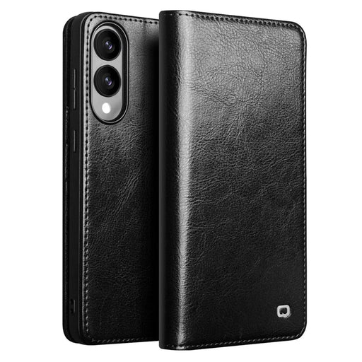 QIALINO For Samsung Galaxy S25 Edge Case Wallet Stand Genuine Cow Leather Phone Cover - Black - 1