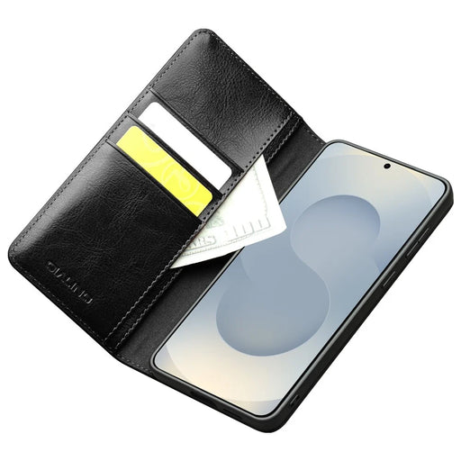 QIALINO For Samsung Galaxy S25 Edge Case Wallet Stand Genuine Cow Leather Phone Cover - Black - 2