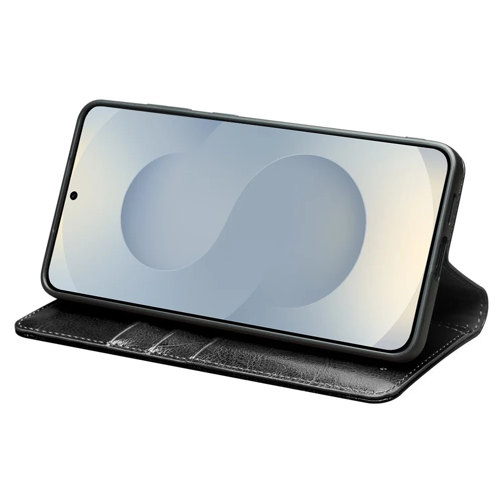 QIALINO For Samsung Galaxy S25 Edge Case Wallet Stand Genuine Cow Leather Phone Cover - Black - 3