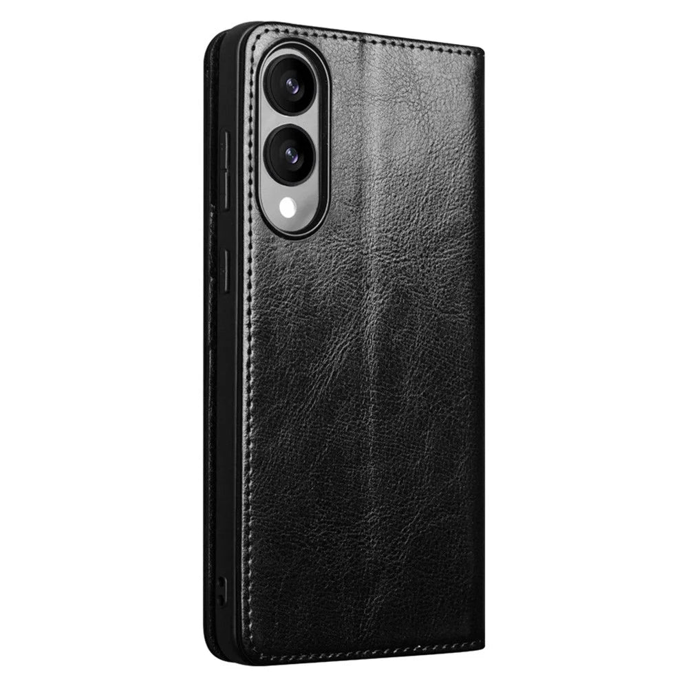QIALINO For Samsung Galaxy S25 Edge Case Wallet Stand Genuine Cow Leather Phone Cover - Black - 5