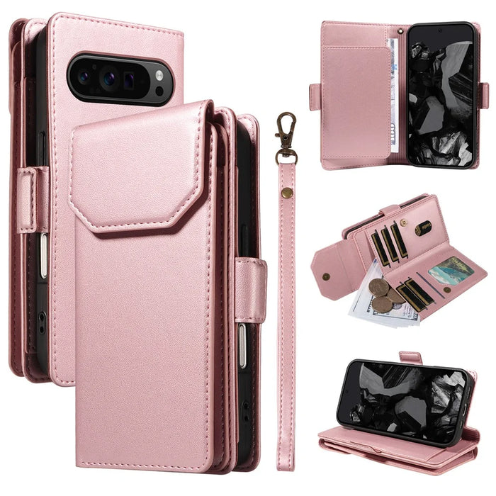 For Google Pixel 10 Pro / 10 / 9 Pro / 9 Case with Multi-Card Holder and Strap PU Leather Phone Cover Stand - Rose Gold - 1