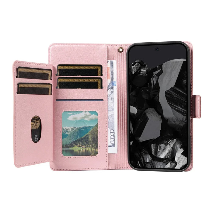For Google Pixel 10 Pro / 10 / 9 Pro / 9 Case with Multi-Card Holder and Strap PU Leather Phone Cover Stand - Rose Gold - 2
