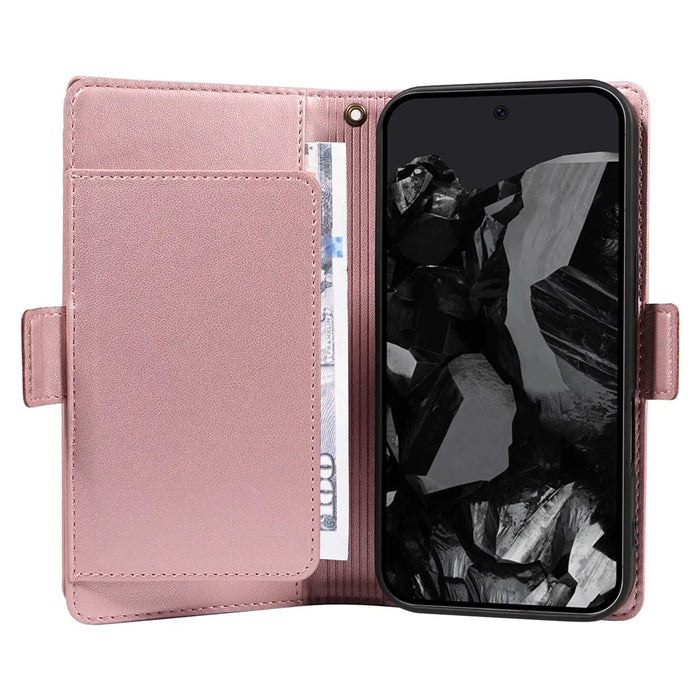 For Google Pixel 10 Pro / 10 / 9 Pro / 9 Case with Multi-Card Holder and Strap PU Leather Phone Cover Stand - Rose Gold - 3