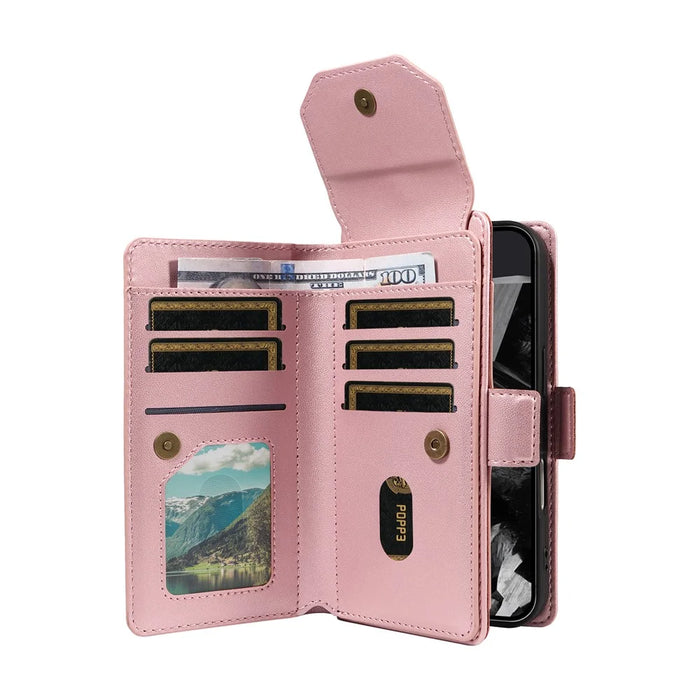 For Google Pixel 10 Pro / 10 / 9 Pro / 9 Case with Multi-Card Holder and Strap PU Leather Phone Cover Stand - Rose Gold - 4