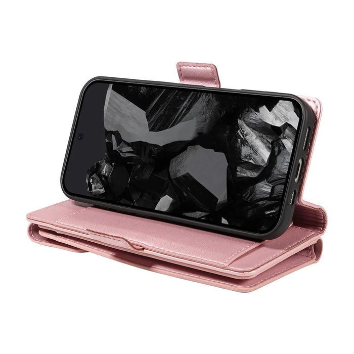 For Google Pixel 10 Pro / 10 / 9 Pro / 9 Case with Multi-Card Holder and Strap PU Leather Phone Cover Stand - Rose Gold - 5