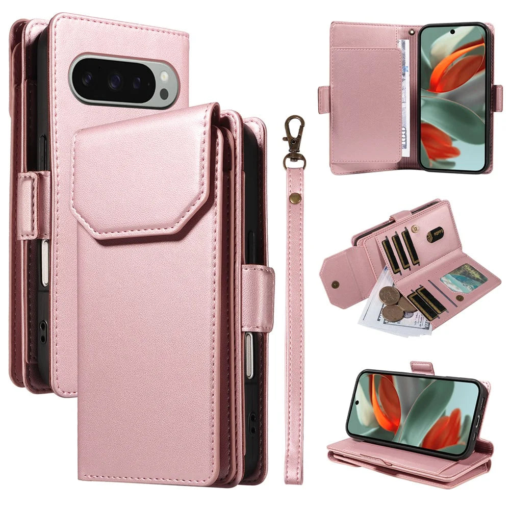 For Google Pixel 10 Pro XL / 9 Pro XL Case with Multi-Card Holder and Strap PU Leather Phone Cover Stand - Rose Gold - 1