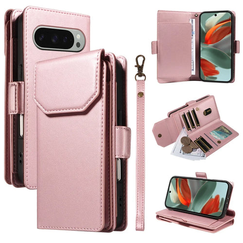 For Google Pixel 10 Pro XL / 9 Pro XL Case with Multi-Card Holder and Strap PU Leather Phone Cover Stand - Rose Gold - 1