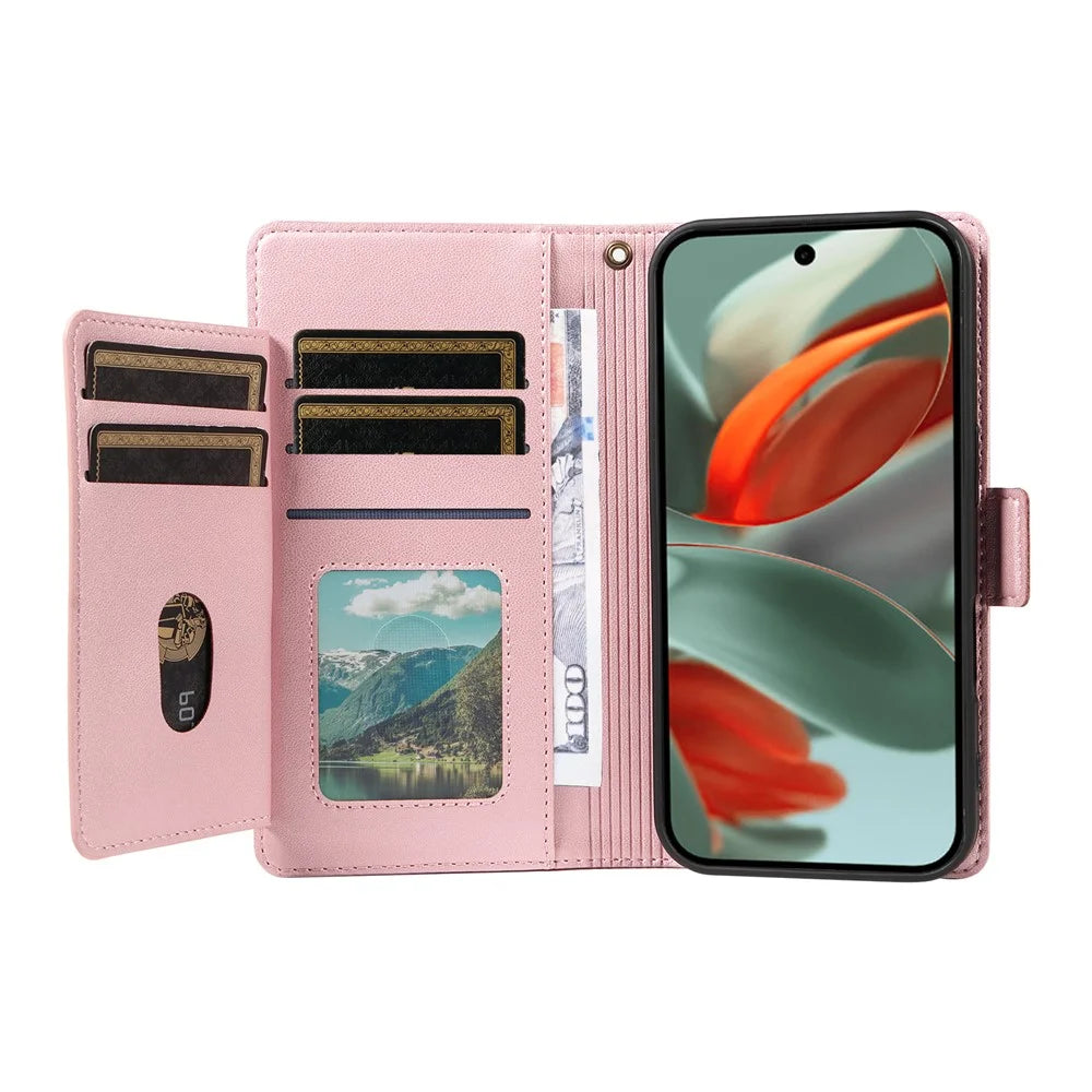For Google Pixel 10 Pro XL / 9 Pro XL Case with Multi-Card Holder and Strap PU Leather Phone Cover Stand - Rose Gold - 2