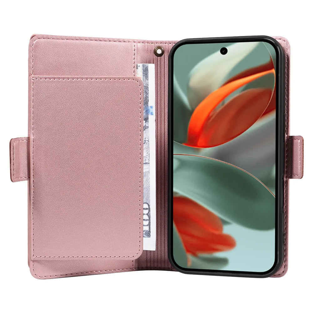 For Google Pixel 10 Pro XL / 9 Pro XL Case with Multi-Card Holder and Strap PU Leather Phone Cover Stand - Rose Gold - 3